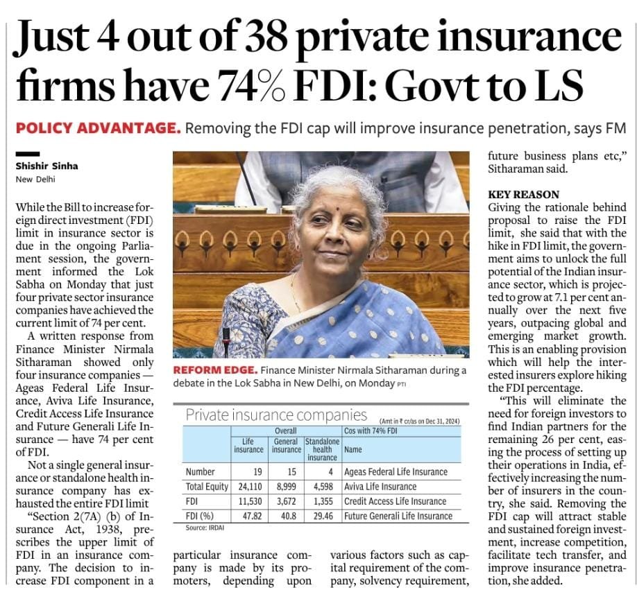 sumitdalmia's tweet image. 📈 Big Boost to Insurance Sector!
Finance Minister Nirmala Sitharaman announces proposal to increase FDI in insurance from 74% to 100% – a move aimed to unlock the full potential of the sector.
#InsuranceNews #FDIInIndia #InsuranceSector #FinanceMinister #NirmalaSitharaman