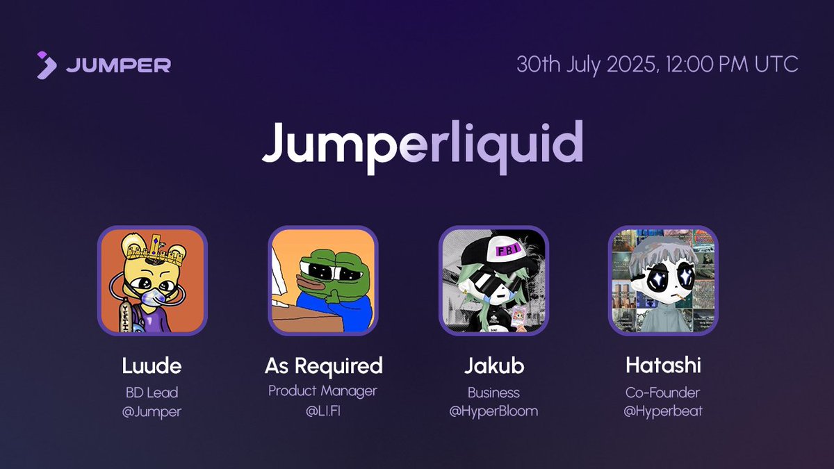 Jumperliquid 🎙️

Join us tomorrow for a deep dive into Jumperliquid with guests from <a href="/hyperbloomxyz/">HyperBloom 🌸</a> and <a href="/0xHyperBeat/">Hyperbeat</a> 💜

We’ll cover how to jump into Hyperliquid with Jumper, what’s live, and what’s coming next 👀

📅 30 July
⏰ 12 PM UTC 
🔗x.com/i/spaces/1djxX…