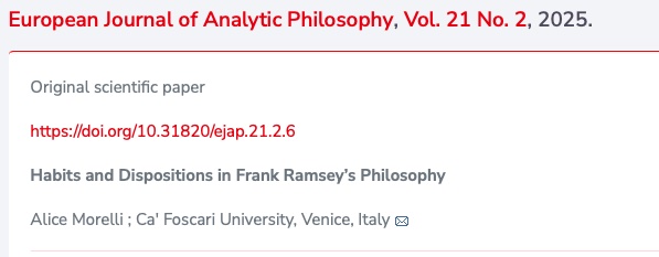 New publication: Alice Morelli (Venice) – “Habits and Dispositions in Frank Ramsey’s Philosophy”. A thought-provoking paper on the distinction between habits and dispositions!
👉 hrcak.srce.hr/en/clanak/4833…
