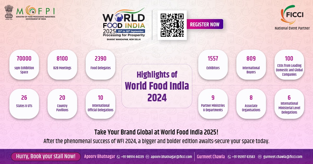 FICCI (@ficci_india) on Twitter photo FICCI invites you to World Food India 2025 — India’s largest exhibition for the food processing and allied sectors. A flagship event of the <a href="/MOFPI_GOI/">Ministry of Food Processing Industries</a>, scheduled from 25–28 September 2025 at Bharat Mandapam, New Delhi.
Book your stall now at worldfoodindia.gov.in FICCI invites you to World Food India 2025 — India’s largest exhibition for the food processing and allied sectors. A flagship event of the <a href="/MOFPI_GOI/">Ministry of Food Processing Industries</a>, scheduled from 25–28 September 2025 at Bharat Mandapam, New Delhi.
Book your stall now at worldfoodindia.gov.in