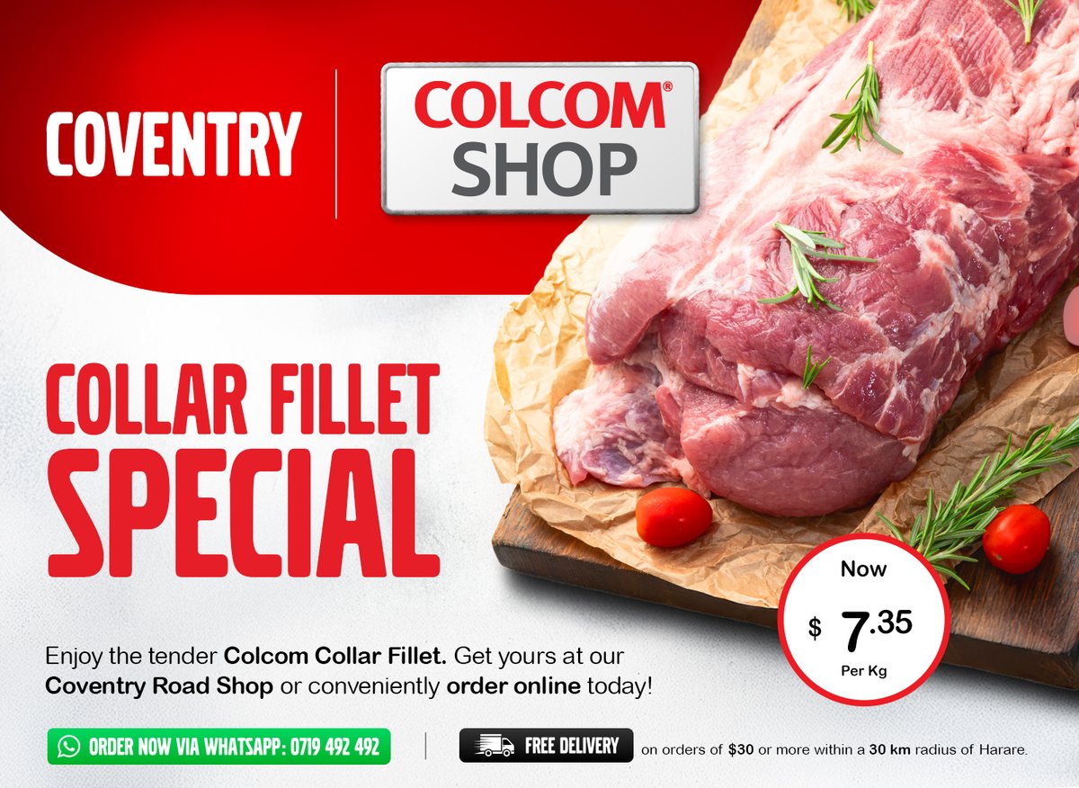 ColcomFoods's tweet image. You can find the delicious, juicy, tender Collar Fillet cut for just $7.35 /kg at the Colcom Coventry Shop or from our WhatsApp platform TODAY! Get yours and taste the difference!
#Colcom #CollarFillet #TenderMeat #ShopLocal #OnlineShopping #Zimbabwe