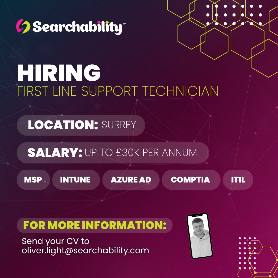 Excellent opportunity for a motivated First Line Support Technician! 🧑🏻‍💻

- Previous experience in a 1st line support or service desk role, ideally within an MSP
- A full UK driving licence is desirable for occasional on-site support
- Immediate start available

Find out more &amp;