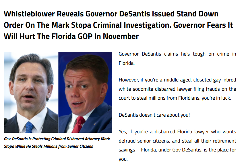 MarkStopaCrimes's tweet photo. Mark Stopa stole millions from seniors in foreclosure

 scams—yet DeSantis blocked a raid to stop him.

Why protect a known fraudster?

Because the investigation could expose judges 

appointed by DeSantis and Rick Scott.

#FloridaCorruption #StopaCrimes https://t.co/YLyM6D33nK