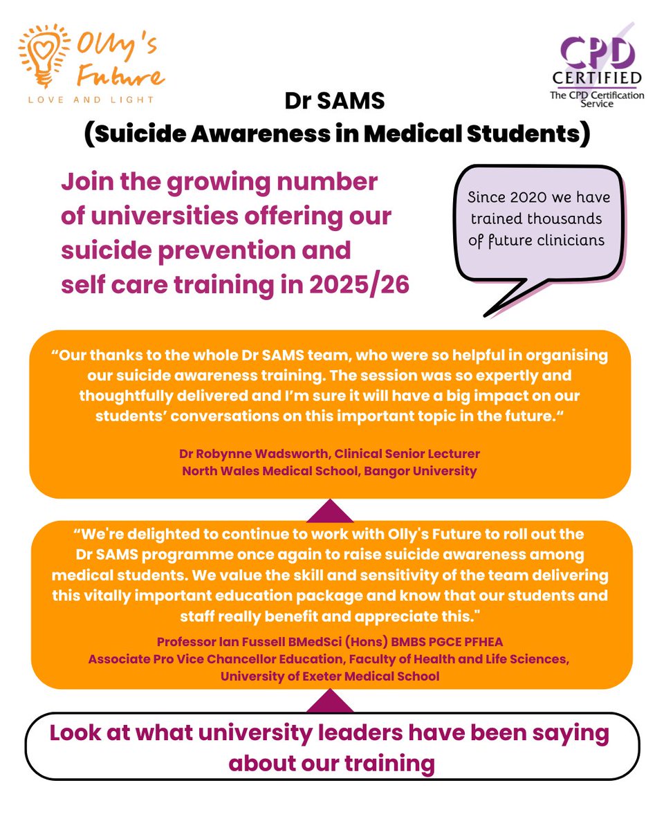 Olly's Future (@ollysfuture) on Twitter photo ๐ Bringing Suicide Prevention Training to Your University
We've been delivering Dr SAMS (Suicide Awareness in Medical Students) training to medical schools since 2020.ย
๐ฉ Contact Linda Foster (linda@ollysfuture.org.uk).ย
#SuicidePrevention #StudentWellbeing #StudentSupport ๐ Bringing Suicide Prevention Training to Your University
We've been delivering Dr SAMS (Suicide Awareness in Medical Students) training to medical schools since 2020.ย
๐ฉ Contact Linda Foster (linda@ollysfuture.org.uk).ย
#SuicidePrevention #StudentWellbeing #StudentSupport