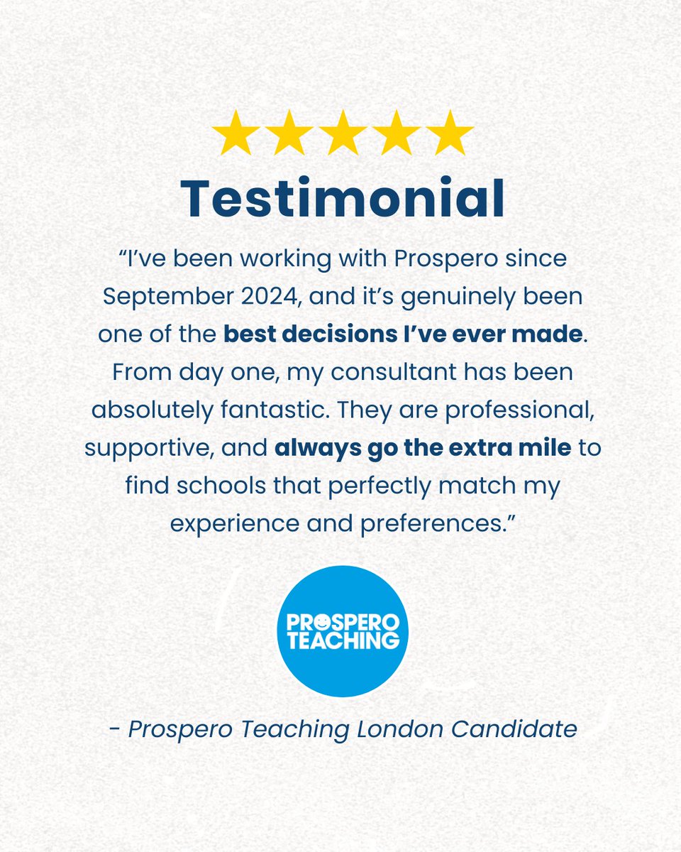 Another happy teacher placed by our London team! 💬

Have you worked with us too? We’d love to hear from you! Leave a review by clicking here &gt; eu1.hubs.ly/H0m1t8M0

#ProsperoTeaching #reviews #recruitment #teachingjobs #London