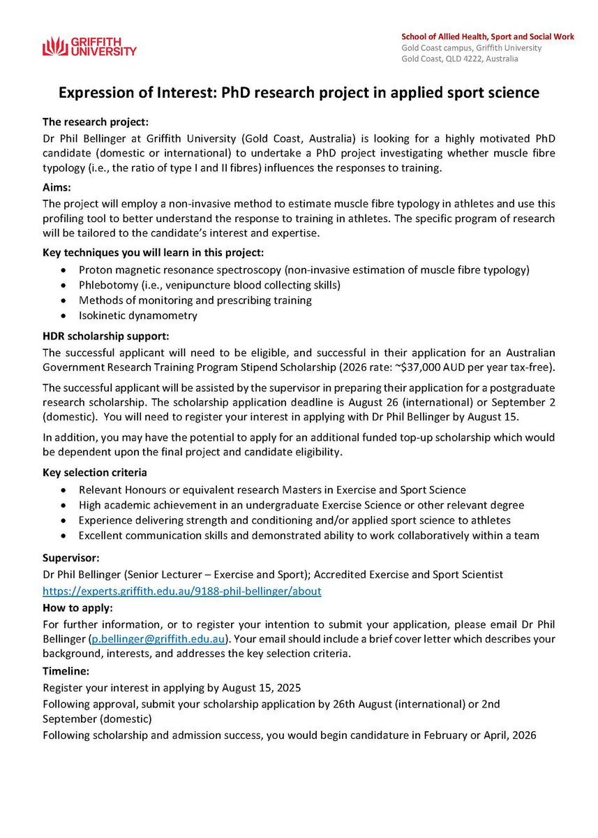 JobsinSportSci's tweet image. Title: PhD in Applied Sport Science
📍Place: @GriffithUniVC 🇦🇺
💰Salary: $37,000 AUD tax free
📅Deadline: 15/8/25
ℹ For more details👇