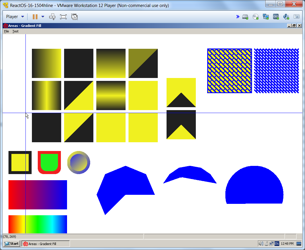 reactos's tweet image. Running this gradient drawing test program caused total incorrect draw and crash of #ReactOS.
Our developer Doug Lyons fixed the BSoD first, then squashed other bugs for correct drawing!
Compare before-after shots.