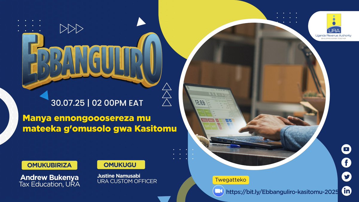 MusiRoberts's tweet image. Tosubwa enkya ku saawa munana nga tugonjoola ensonga "Manya ennongoosereza mu mateeka g'omusolo gwa kasitomu" n'omuwereza waffe
Andrew Bukenya n' omusomesa Justine Namusabi.
🖱️📺bit.ly/Ebbanguliro-ka…
#Ebbanguliro
#URATickTock
#FfeBanno