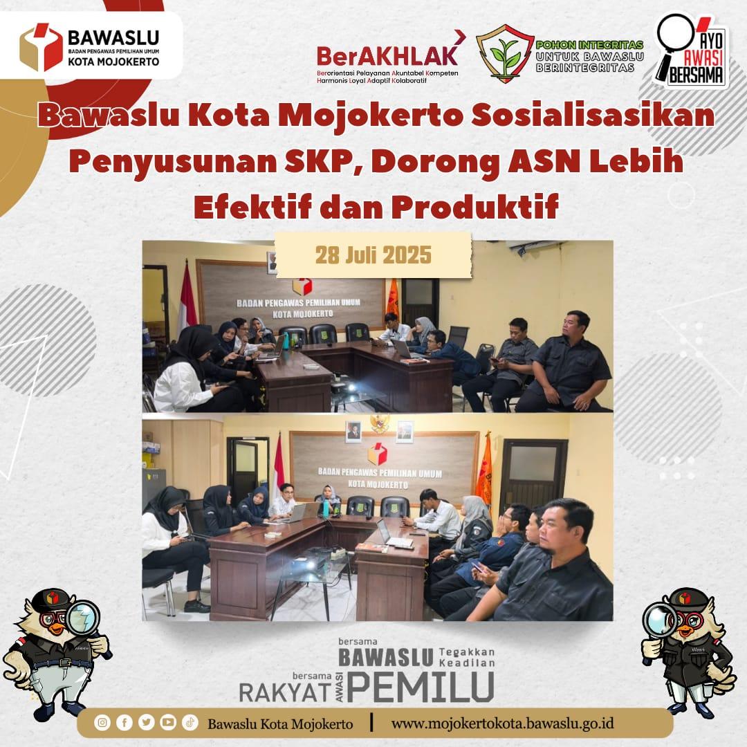 Mojokerto#SahabatBawaslu, #BawasluKotaMojokerto sosialisasikan penyusunan SKP agar mendorong ASN lebih efektif dan produktif.

Berikut selengkapnya:
mojokertokota.bawaslu.go.id/berita/bawaslu…

#AyoAwasiBersama
#BawasluJatim
#BawasluMengawasi
#PohonIntegritas
#BawasluBergiat