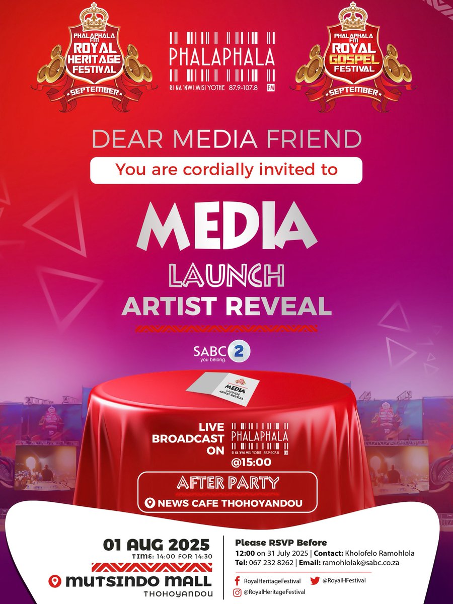 The wait is ALMOST OVER😎

THIS FRIDAY we lift the curtain off on Phalaphala FM Royal Heritage Festival lineup💃🏽🕺🏽 

We’re cordially inviting our media friends. Please RSVP to be part of the GRAND REVEAL🔥

Early bird tickets still available😉

#AhunaUsala
#RoyalHeritageFestival