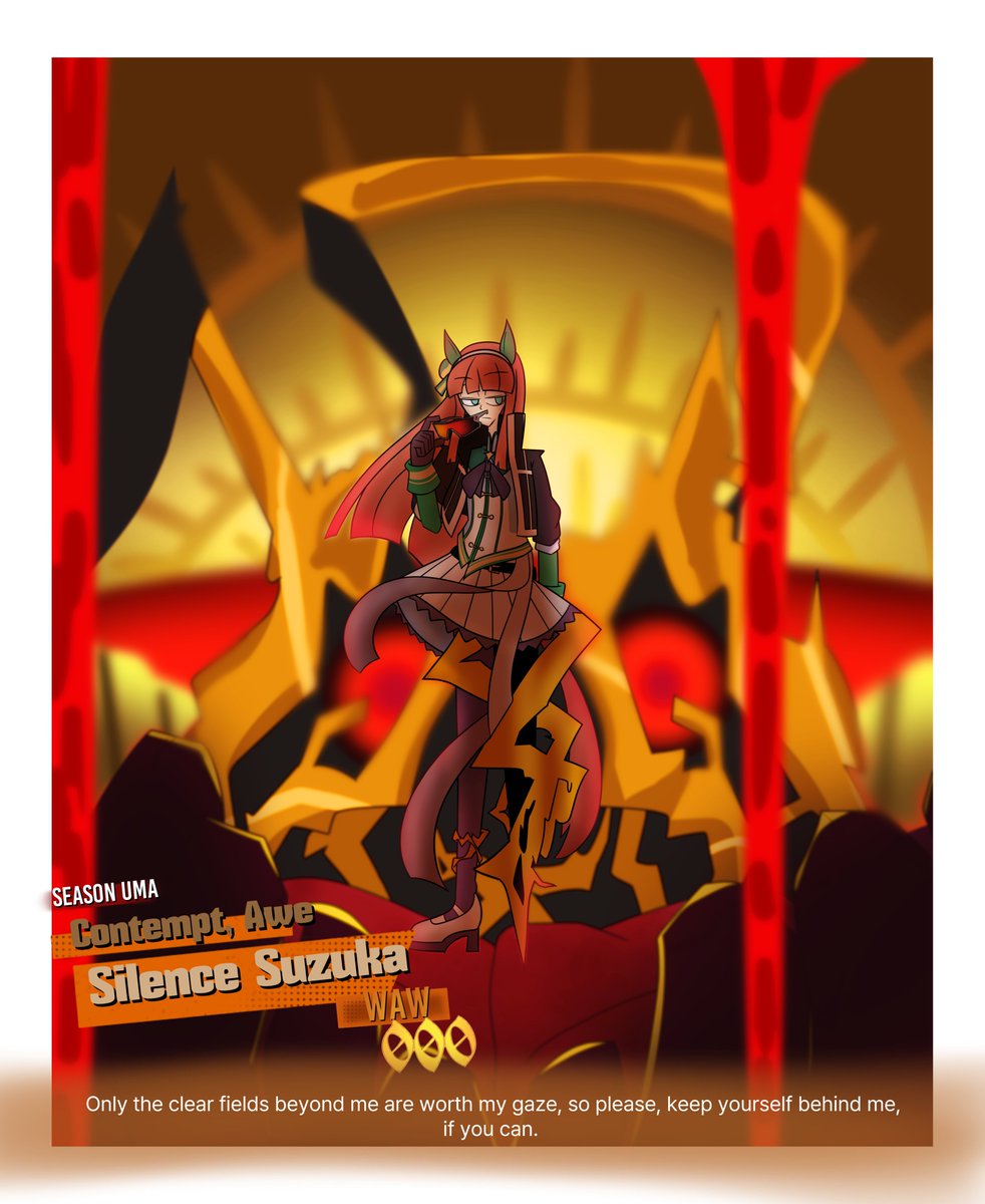 'Is this not where you will be? To gaze upon the crowded back, contemptuous; to gaze upon the unobstructed front, in awe?'

Another Limbus x Uma Musume, this time a weird one with Silence Suzuka and Spiral of Contempt. A fren suggested it :0

#LimbusCompany #umamusume