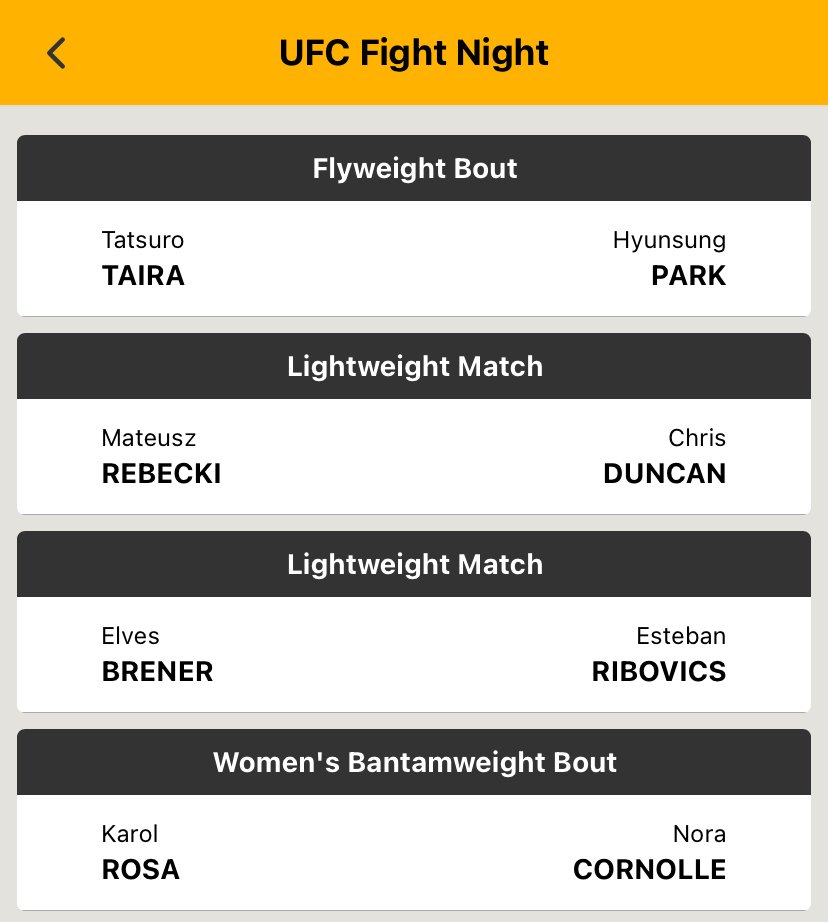 📢 Fight card update for UFC Fight Night on Saturday, August 2nd!

🔁 Taira will now face Park Hyunsung
🔁 Felipe Bunes is taking on Rafael Estevam
✅ Our data’s already updated in the app.
👊 Let’s make our predictions for the weekend!

#UFC #ufcfightnight #MMA #MAPredictions