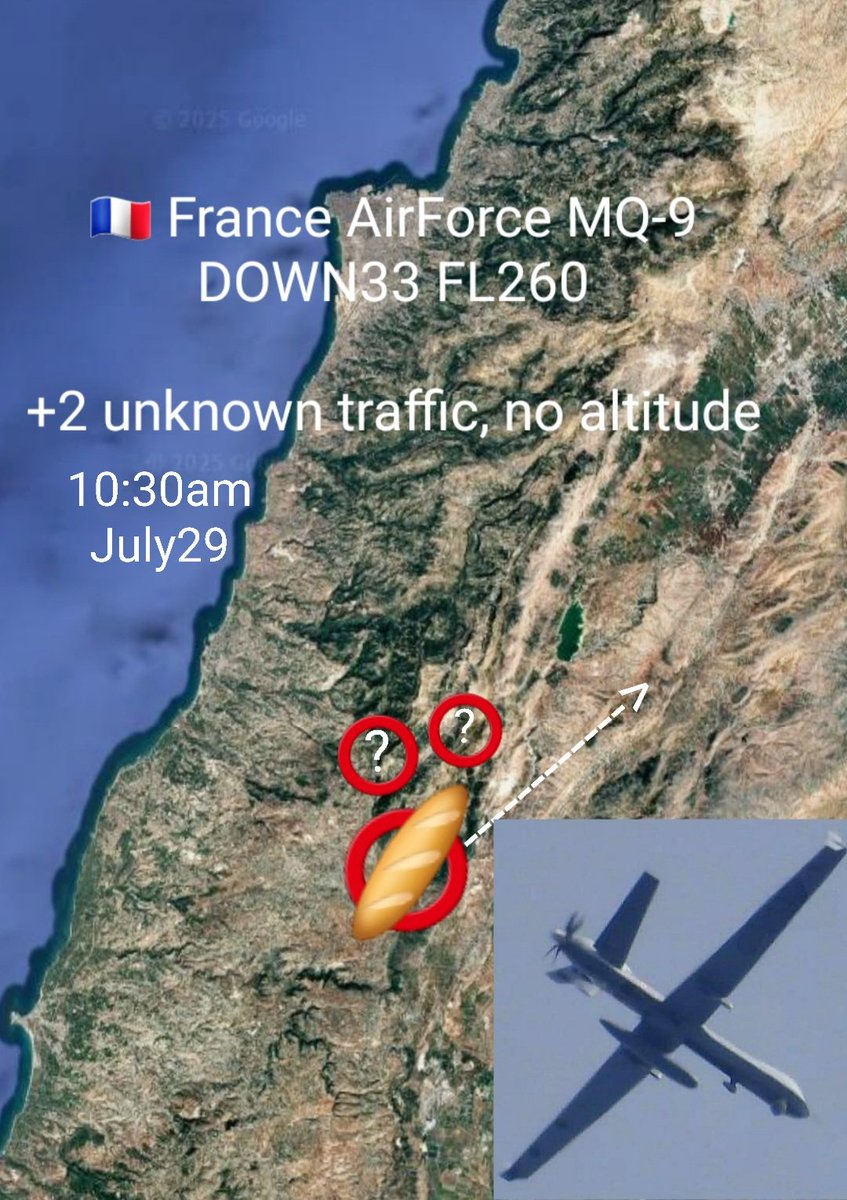 LebanonJets's tweet photo. #France AirForce MQ-9 callsign #DOWN33 over south Lebanon at 26,000ft from 10:30am this morning with at least 2 unknown traffic (also UAVs) with negative altitude nearby https://t.co/perHuAg0zb