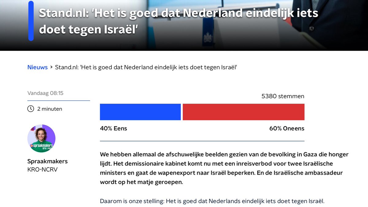 Gezien de demissionaire status van het kabinet gaat het ver om zover af te wijken van wat een ruime meerderheid van de bevolking vindt. (En dat is dan nog gepeild door de @NPO die selectief en activistisch is als het over Israël gaat, nu ook in deze vraagstelling).