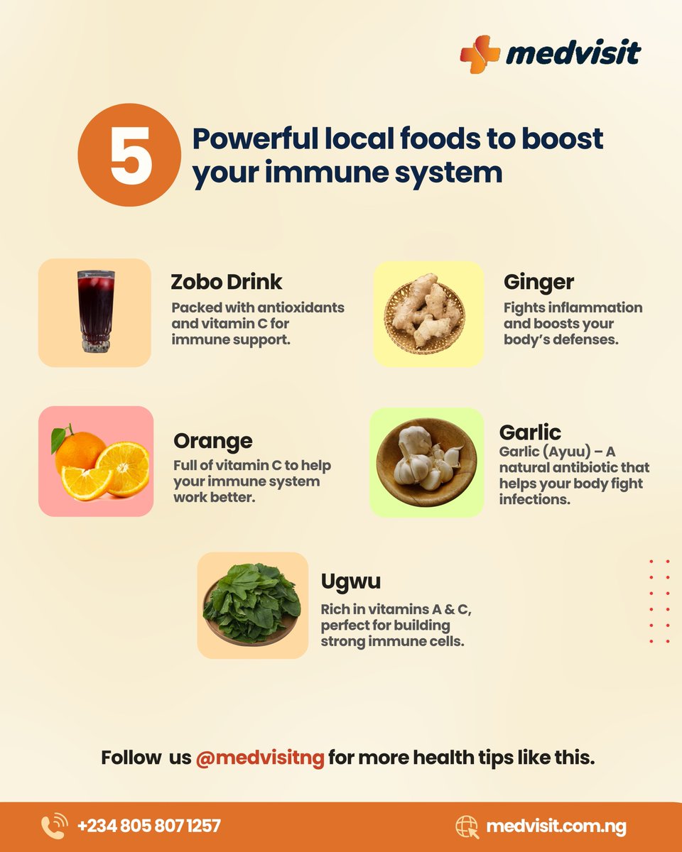Medvisitng's tweet photo. Did you know some of your favorite Nigerian foods can naturally boost your immune system?
#Healthtips #NigerianHealth #Medvisit https://t.co/eec7zrRD82