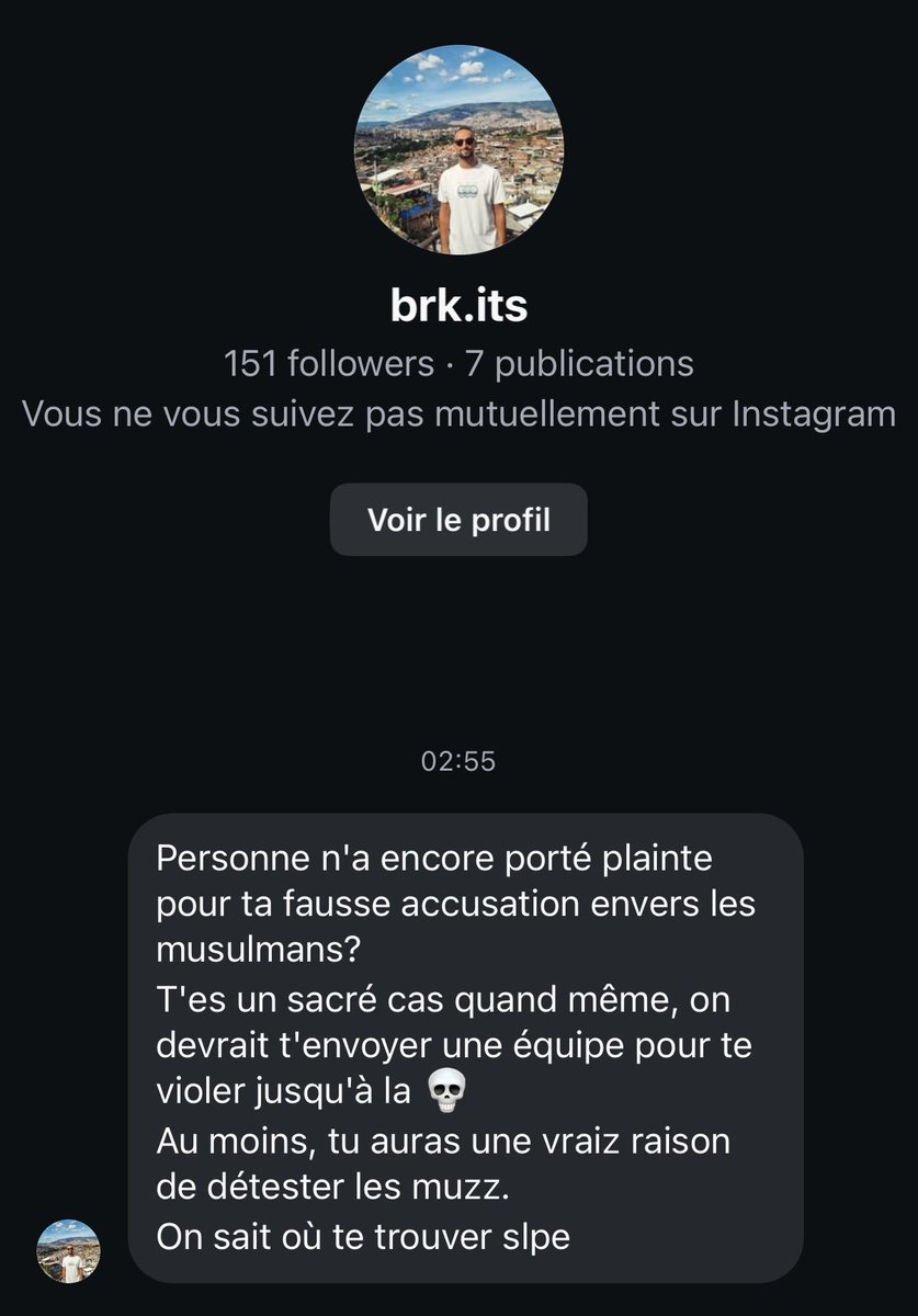 🟣☠️ Reçu hier dans la nuit, sur mon compte insta PROFESSIONNEL. C’est charmant, les MENACES de VIOL et de MORT : c’est vachement « paix et amour » vous ne trouvez pas ?

Pourquoi font-ils absolument TOUT pour nous donner raison ? À chaque fois ?
