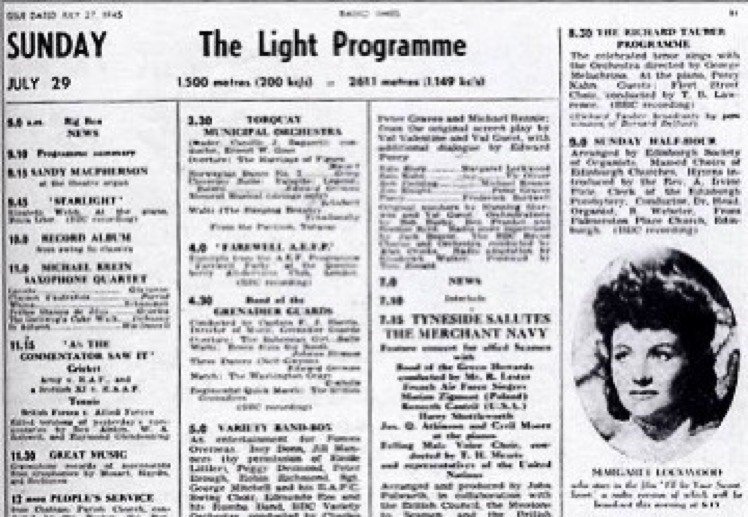 Frank McDonough (@fxmc1957) on Twitter photo 29 July 1945. BBC Radio Light Programme was launched. It replaced the General Forces Programme which had run during the Second World War. The new radio station promised a diet of entertaining radio for the civilian listener. Below is the 1st day programme schedule. 29 July 1945. BBC Radio Light Programme was launched. It replaced the General Forces Programme which had run during the Second World War. The new radio station promised a diet of entertaining radio for the civilian listener. Below is the 1st day programme schedule.