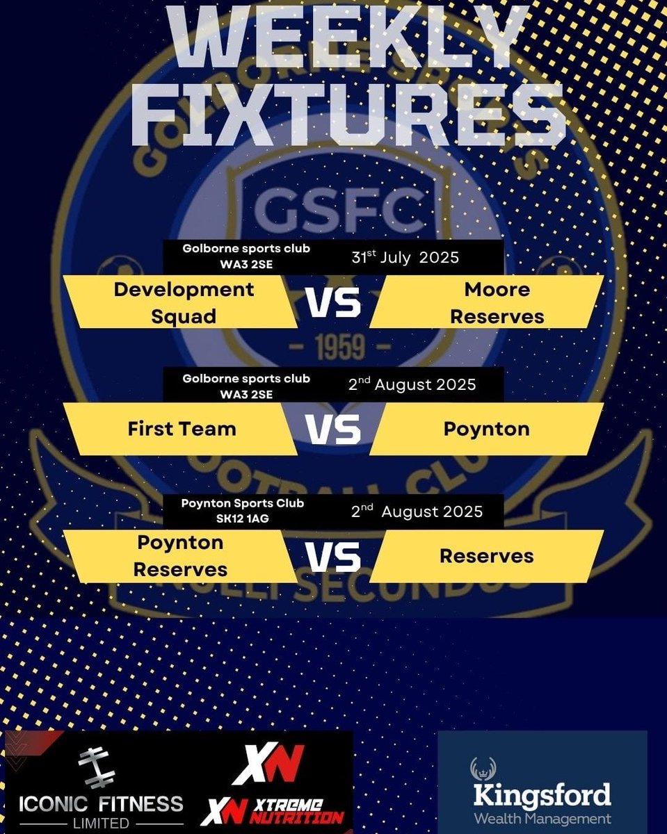 Golborne Sports FC (@golborne_fc) on Twitter photo 📅 Another great line-up of football fixtures this week!
⚽ Come down and support the lads as we take on Moore Reserves, Poynton, and Poynton Reserves.
📍 Golborne Sports Club & Poynton Sports Club
Let’s go, Golborne! 💛💙 #GSFC #UpTheGolborne #MatchDay 📅 Another great line-up of football fixtures this week!
⚽ Come down and support the lads as we take on Moore Reserves, Poynton, and Poynton Reserves.
📍 Golborne Sports Club & Poynton Sports Club
Let’s go, Golborne! 💛💙 #GSFC #UpTheGolborne #MatchDay