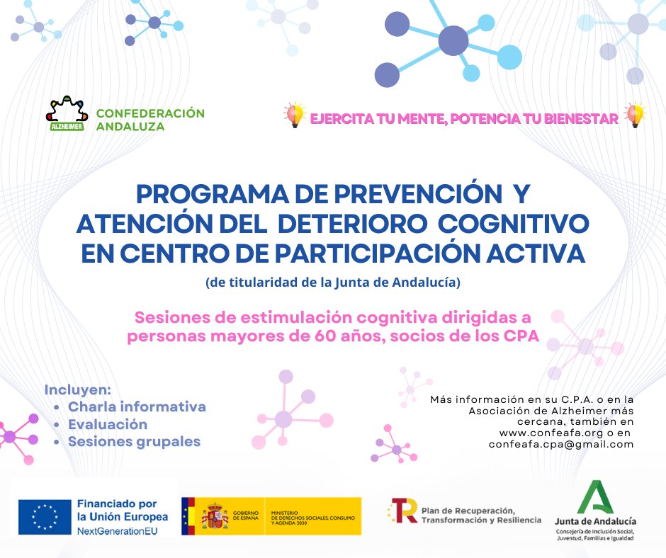 Confederación Andaluza de Alzheimer (@confeafa) on Twitter photo 🔴 <a href="/ConFEAFA/">Confederación Andaluza de Alzheimer</a> coordina el 'Proyecto Piloto de Prevención y Atención del Deterioro Cognitivo' en los CPA de Andalucía.
👉 Dirigido a mayores de 60 años, el programa ofrece sesiones de sensibilización, evaluación e intervención cognitiva.
🖱 ow.ly/OufA50WwwAm 🔴 <a href="/ConFEAFA/">Confederación Andaluza de Alzheimer</a> coordina el 'Proyecto Piloto de Prevención y Atención del Deterioro Cognitivo' en los CPA de Andalucía.
👉 Dirigido a mayores de 60 años, el programa ofrece sesiones de sensibilización, evaluación e intervención cognitiva.
🖱 ow.ly/OufA50WwwAm
