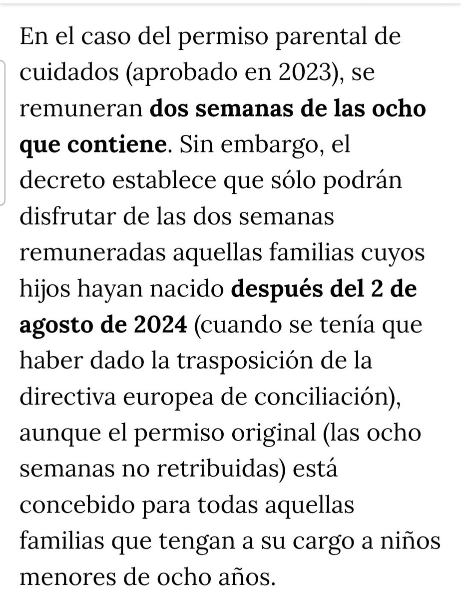 Muchas familias me consta que pensaban que el permiso por cuidados les iba a beneficiar. Pero el pacto es limitadísimo. Ayer hubo unas cuantas decepciones en los grupos de WhatsApp por este asunto. 

<a href="/alexisrmoran/">Alexis Romero</a> explica todos los detalles en <a href="/publico_es/">Público</a> publico.es/politica/gobie…