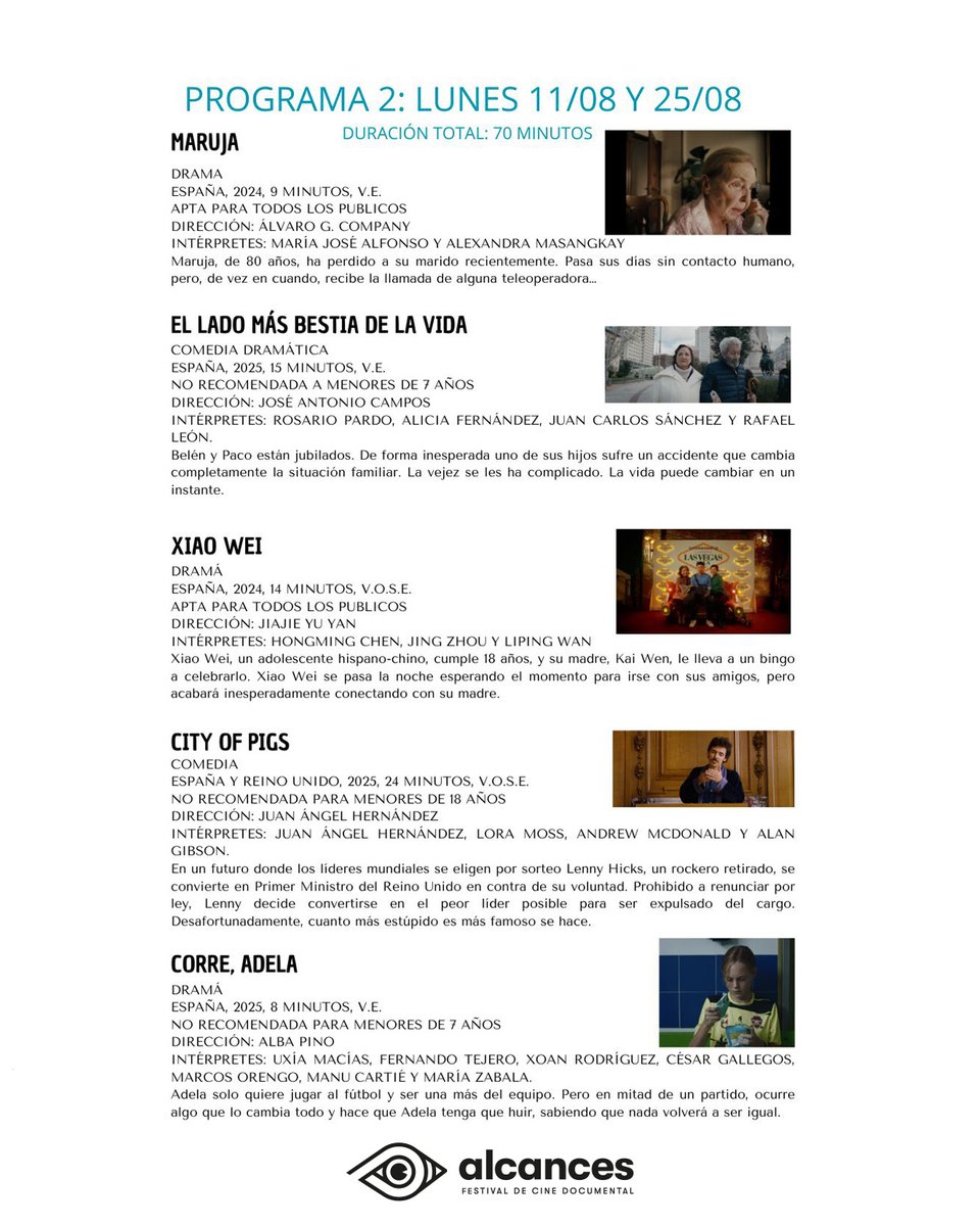 El lunes 11 de agosto proyectamos la segunda sesión de nuestro ciclo de cortos en el Castillo de Santa Catalina 🌙
Una nueva programación que también podrás ver el 25 de agosto.

🕘 Apertura de puertas: 21h
🎥 Proyección: 22h
🎟️ Entrada libre hasta completar aforo