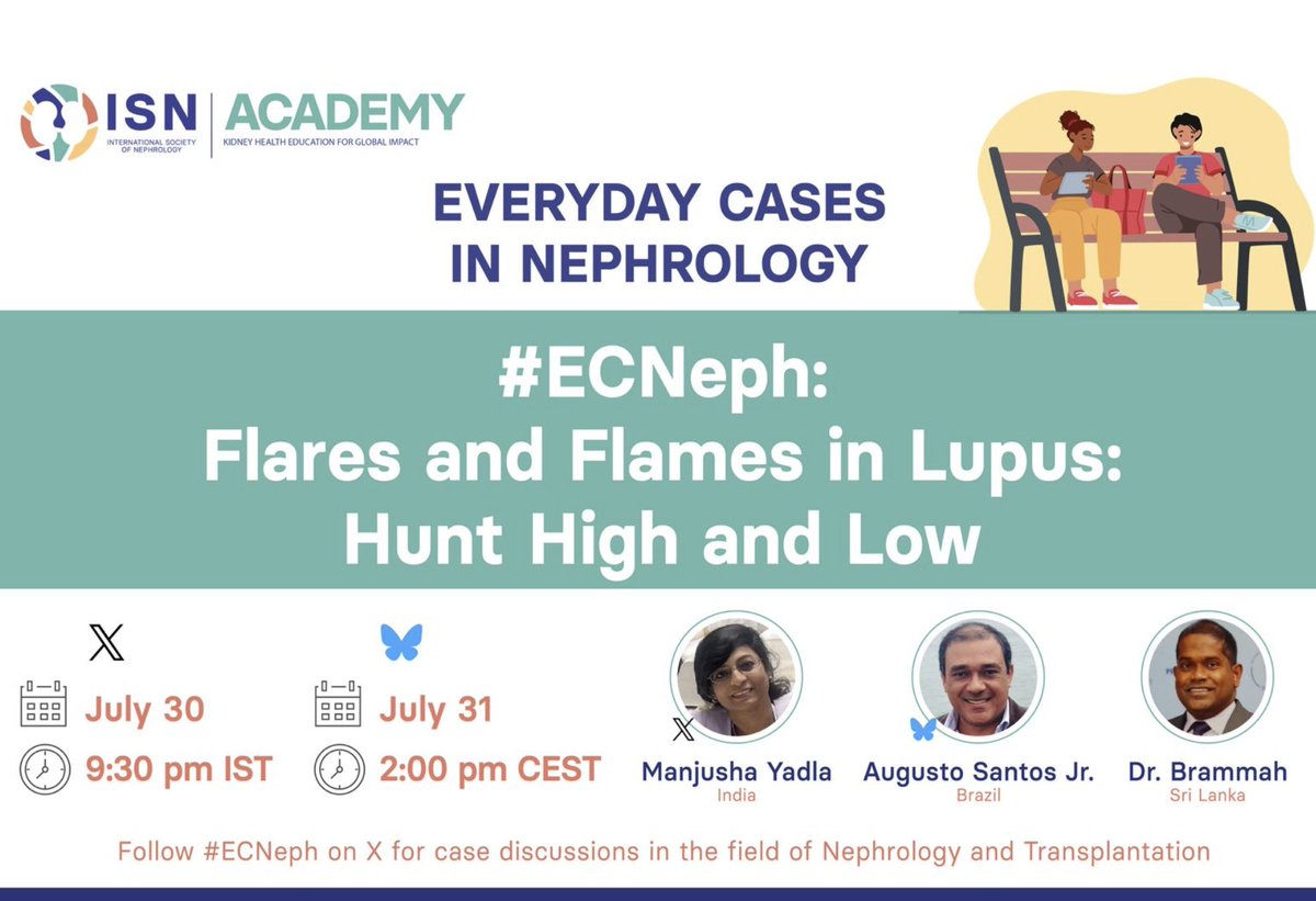 ISN Education (@isneducation) on Twitter photo SAVE THE DATE for #ECNeph session!
30th July 9:30 PM IST on X
31st July 2PM CEST on BS
Discussant :<a href="/brammahin/">Brammah Thanga</a>
Moderator :<a href="/myadla/">manjusha yadla</a> (X) <a href="/acssjr/">Augusto Cesar S Santos Jr</a> (BS)
Do use #ECNeph in your posts to engage in the session
<a href="/ISNkidneycare/">Int Society of Nephrology</a> <a href="/Dilushiwijay/">Dilushi Wijayaratne</a> SAVE THE DATE for #ECNeph session!
30th July 9:30 PM IST on X
31st July 2PM CEST on BS
Discussant :<a href="/brammahin/">Brammah Thanga</a>
Moderator :<a href="/myadla/">manjusha yadla</a> (X) <a href="/acssjr/">Augusto Cesar S Santos Jr</a> (BS)
Do use #ECNeph in your posts to engage in the session
<a href="/ISNkidneycare/">Int Society of Nephrology</a> <a href="/Dilushiwijay/">Dilushi Wijayaratne</a>