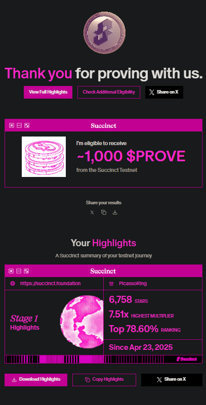 picassoring's tweet image. I just proved it with @SuccinctLabs and I'm thrilled to receive ~1,000 $PROVE!
Huge thanks to the team, esp. @0xCRASHOUT & @nair_advaith , and my amazing PH community
No Discord role? No problem. This allocation reflects real support & contributions-and I’m proud of that!…
