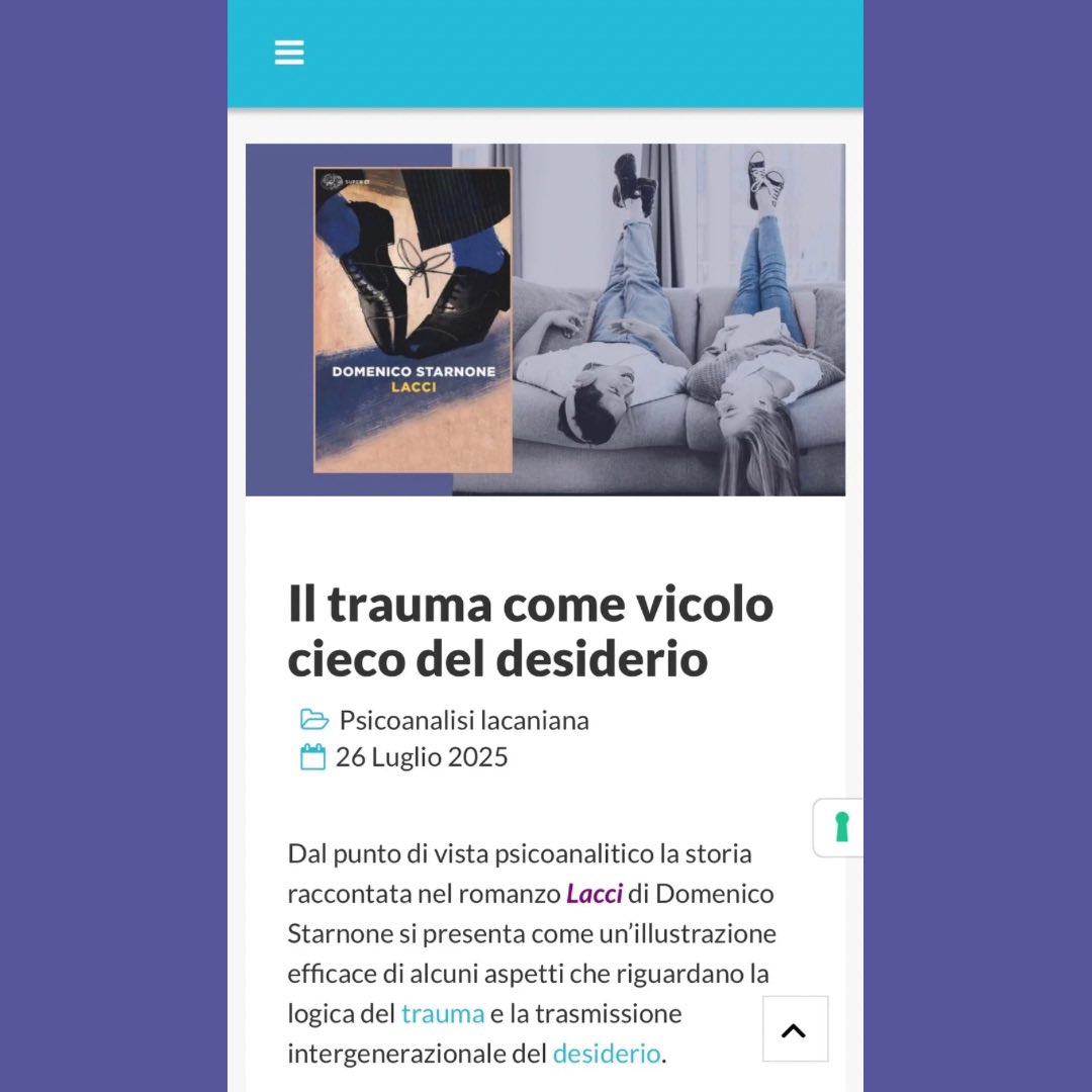 NicoloTerminio's tweet photo. La storia raccontata nel romanzo “Lacci” di Domenico Starnone presenta un’illustrazione efficace della logica del trauma e della trasmissione intergenerazionale del desiderio.
#trauma #desiderio #dissociazione #famigliare #amore #coppia @Einaudieditore 
https://t.co/PwjuYbDjSX https://t.co/CnRHSDDOQZ