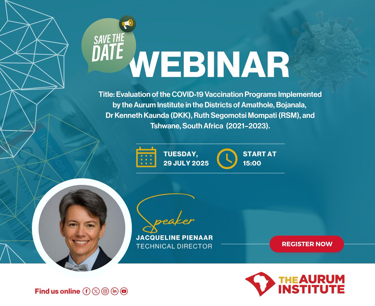 🚨 Happening today!
 
Join our live webinar as we unpack the COVID-19 vaccination programmes implemented by Aurum from 2021–2023.
 
 🔗 Register here: auruminstitute-org.zoom.us/webinar/regist…
<a href="/CDCgov/">CDC</a> <a href="/HealthZA/">National Department of Health</a>
