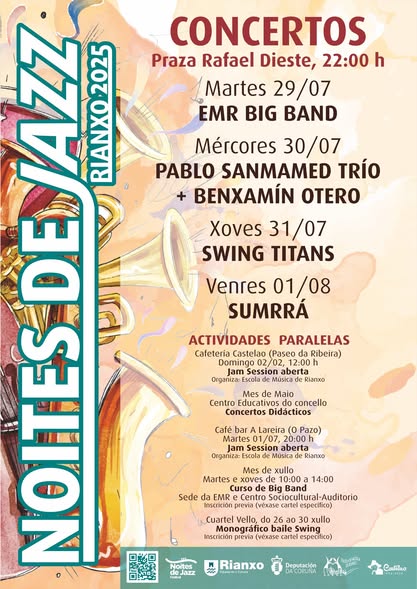 Mañá 30 de xullo na Praza Rafael Dieste de <a href="/concellorianxo/">Concello de Rianxo</a> concerto de Pablo Sanmamed Trío e Benxamín Otero ás 22:00 dentro do festival <a href="/Noites_de_Jazz/">Noites de Jazz</a> 

Ven desfrutar as noites de verán ao son do jazz!