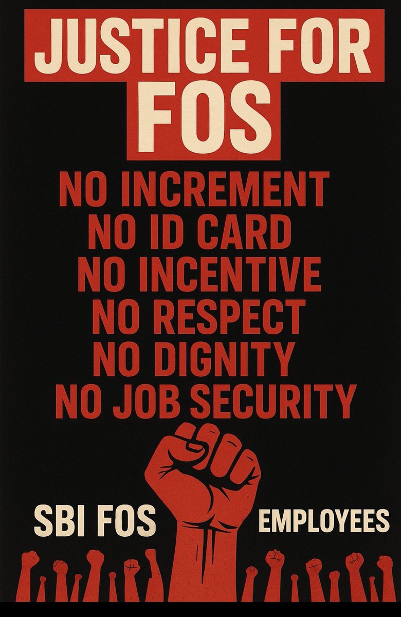 SbossFos's tweet photo. 🔥 URGENT THREAD 🔥
After 3 years at SBOSS (SBI subsidiary):
1️⃣ Still contractual employees
2️⃣ No salary increments
3️⃣ No official identity cards
4️⃣ Zero job security
5️⃣ Constant fear of termination

This is modern-day bonded labor! #JusticeForFOS https://t.co/2zswthshtS