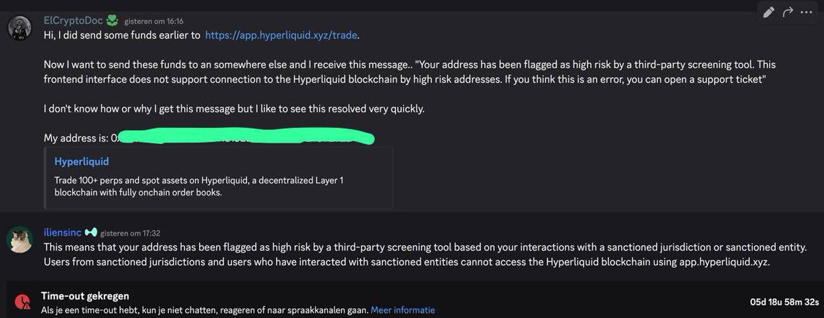 CryptoDoc (💙,🧡) (@elcryptodoc) on Twitter photo 🚨My Funds are STUCK on Hyperliquid: A Warning Every User Needs to Hear
I recently deposited funds on <a href="/HyperliquidX/">Hyperliquid</a> via their site app.hyperliquid.xyz/trade.
When I later tried to withdraw them, I got this message:
“Your address has been flagged as high risk by a third-party 🚨My Funds are STUCK on Hyperliquid: A Warning Every User Needs to Hear
I recently deposited funds on <a href="/HyperliquidX/">Hyperliquid</a> via their site app.hyperliquid.xyz/trade.
When I later tried to withdraw them, I got this message:
“Your address has been flagged as high risk by a third-party