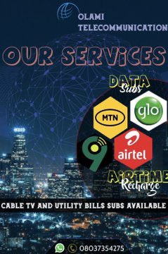OLAMI TELECOMMUNICATION
DATA PLAN 

1Gb @  ₦800   X 50  = ₦40,000

2Gb @ ₦1600 X 50  = ₦80,000

3Gb @ ₦2400 X 50  = ₦120,000 

5Gb @ ₦4000 X 50  = ₦200,000 

All network Validity  30-day plan.