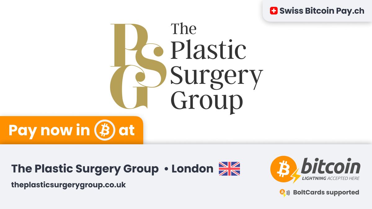 🚀 Amazing new merchant accepting Bitcoin 🚀

The Plastic Surgery Group 🇬🇧 is now accepting #Bitcoin payments ⚡ through <a href="/SwissBitcoinPay/">🇨🇭 Swiss Bitcoin Pay</a>

It's about quality. It's about results. It's about you. ✨

📍 London, UK
💳 BoltCards supported
🔒 This merchant has 100% control on their