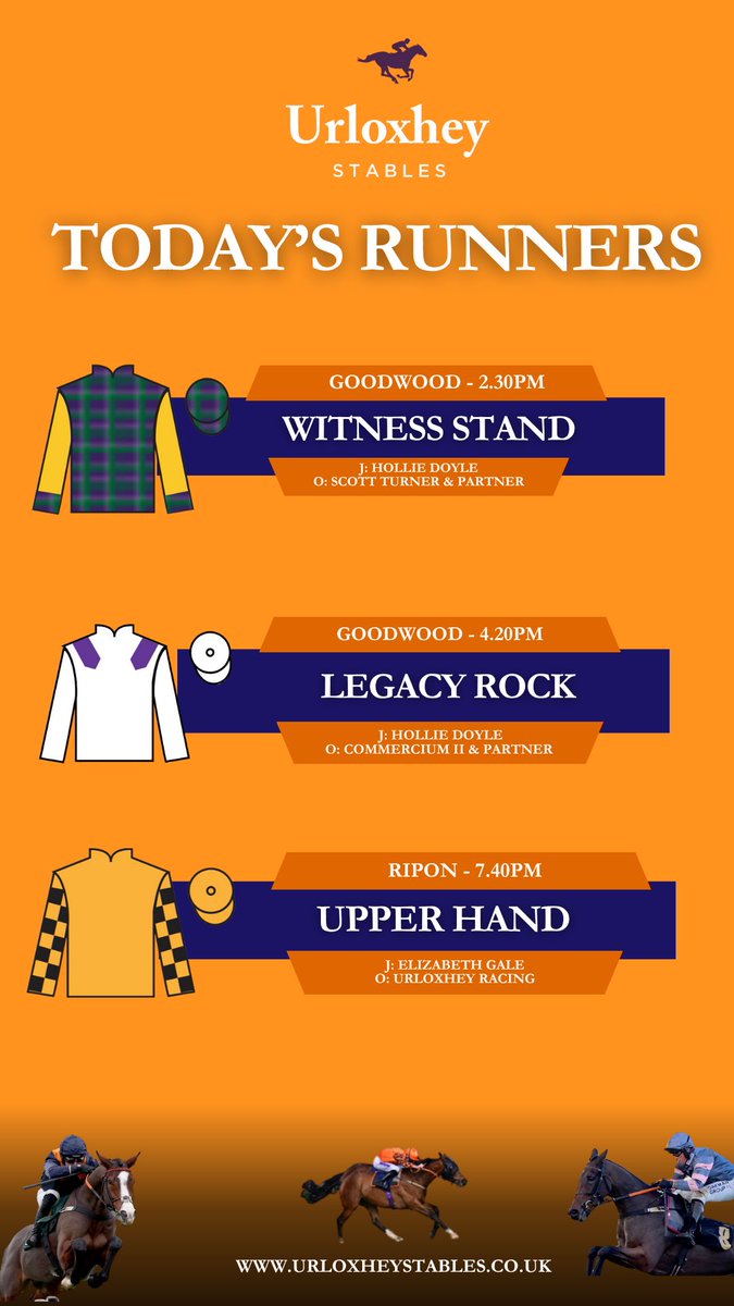 UrloxheyStables's tweet image. π« Three runners today
π WITNESS STAND heads to @Goodwood_Races for the Gr.2 Lennox Stakes at 2.30pm.
βͺοΈπ£ Then we have LEGACY ROCK @Goodwood_Races in the 4.20pm. @HollieDoyle1 rides both.
βοΈ Finally we have UPPER HAND in the 7.40pm @RiponRaces, @elizabeth_gale9 on board.