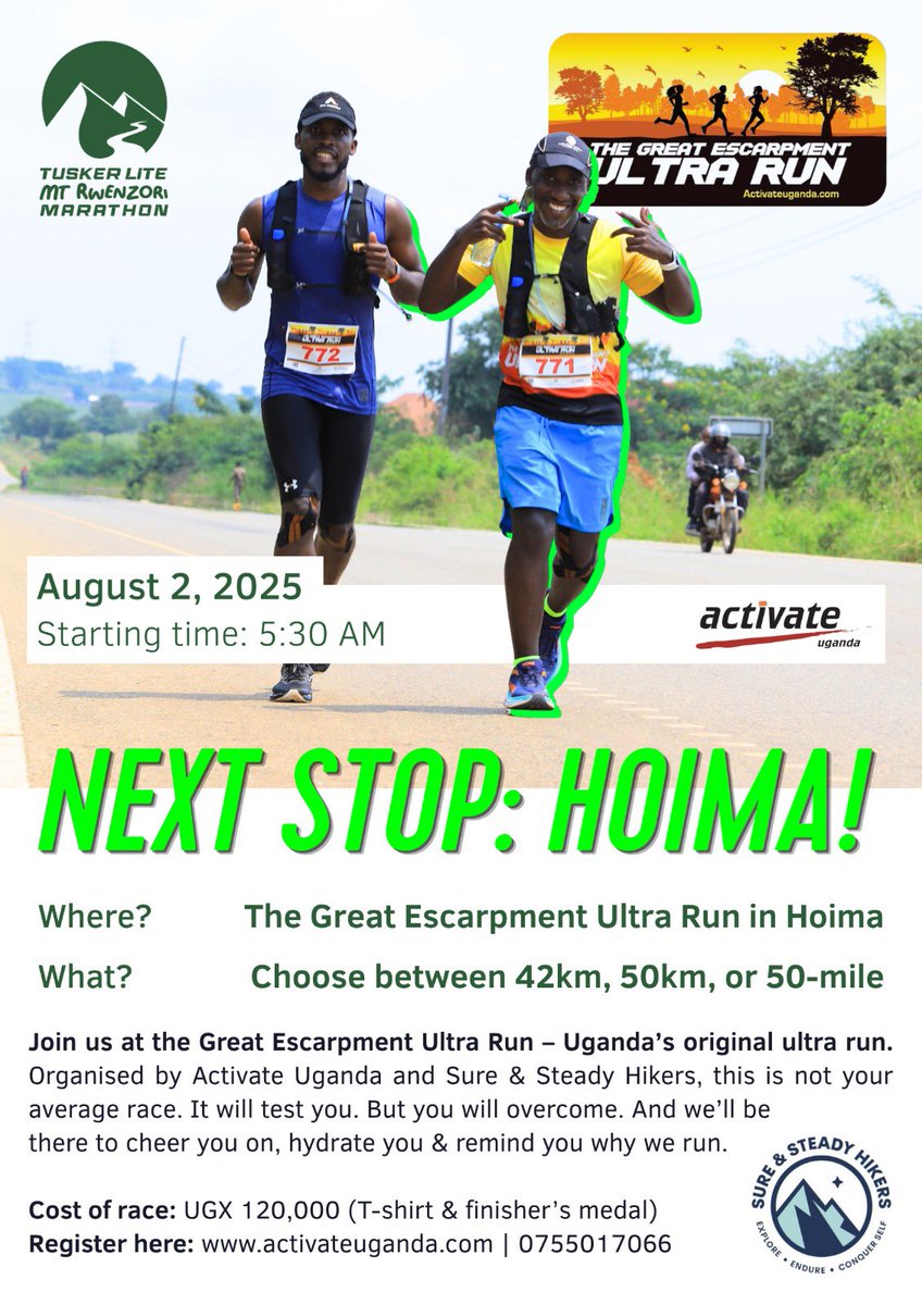 The <a href="/RwenzoriMarathn/">Tusker Lite Rwenzori Marathon</a> team will be joining us in Hoima this weekend  for the Great Escarpment Ultra Run! 🥳🥳
🏞️ Before we take on the majestic Rwenzoris on August 23rd in Kasese, we’ll first embrace the rugged beauty of the escarpment. 

Catch us all at the start lines!