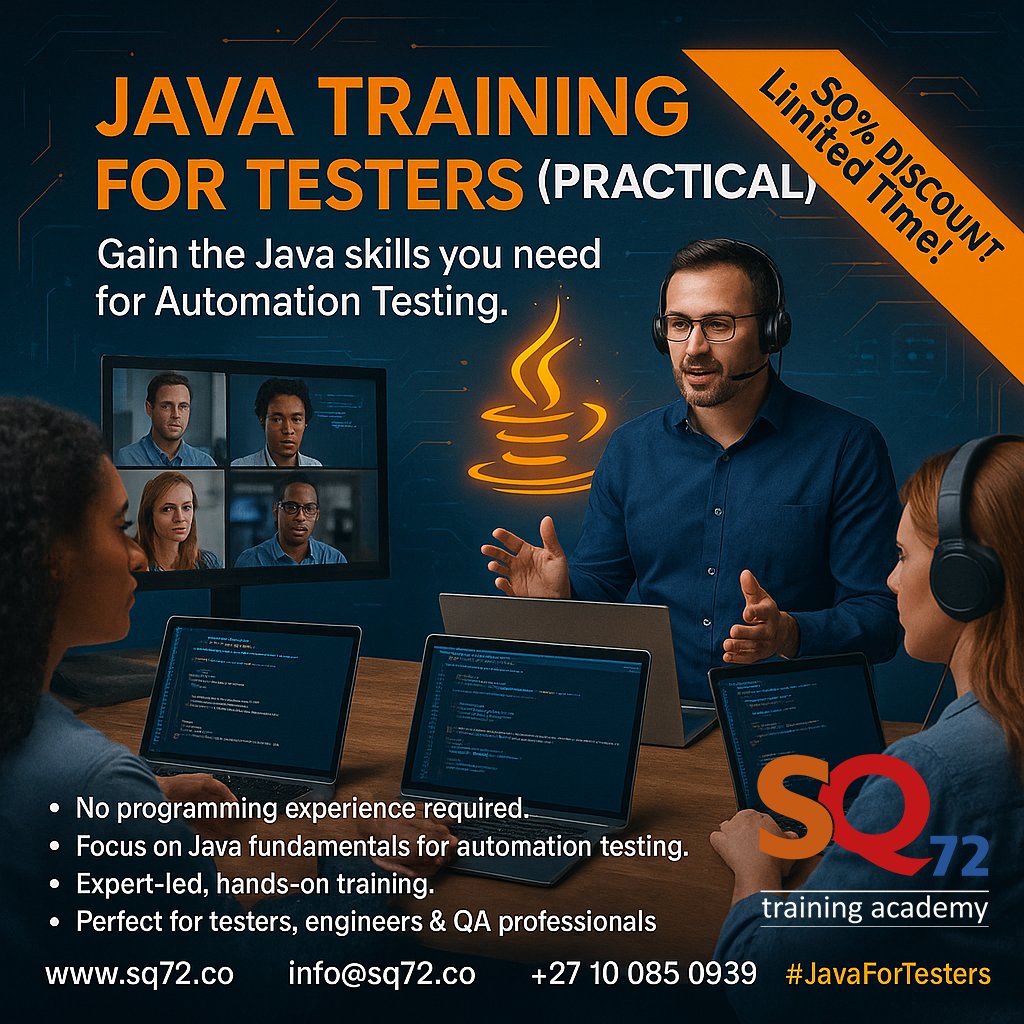 SQ72Testing's tweet image. 🚀 Boost your QA career!
Join Java Training for Testers (Practical) – beginner-friendly & hands-on.
🎯 Learn Java basics for test automation
💥 50% OFF – Limited Time!
📅 2 Days | 🎓 Expert-Led | 💻 Practical
👉 Enroll: sq72.co
#JavaForTesters #SQ72Training