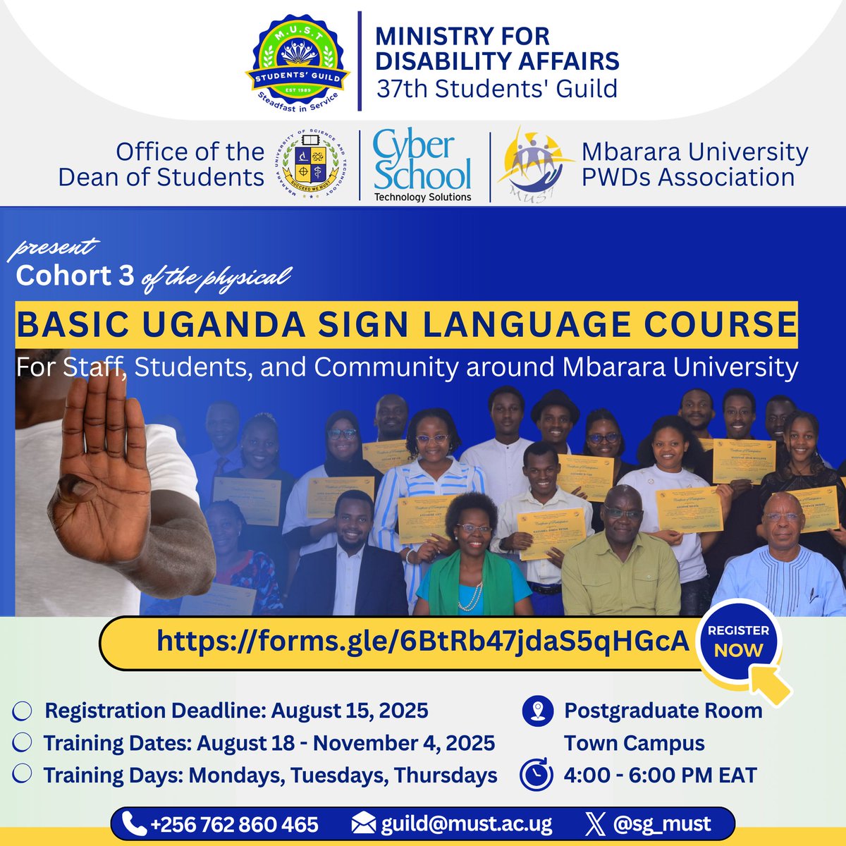 BenardWor's tweet image. 📢 Cohort 3 is here!
Join our Basic Uganda Sign Language Course — open to @MbararaUST staff, students &amp;amp; the wider community.

🗓️ Aug 18 – Nov 4
🕓 Mon, Tue, Thu | 4–6PM
📍Postgraduate Room, Town Campus

🔗 Register now: forms.gle/6BtRb47jdaS5qH…
#SignLanguage #DisabilityInclusion
