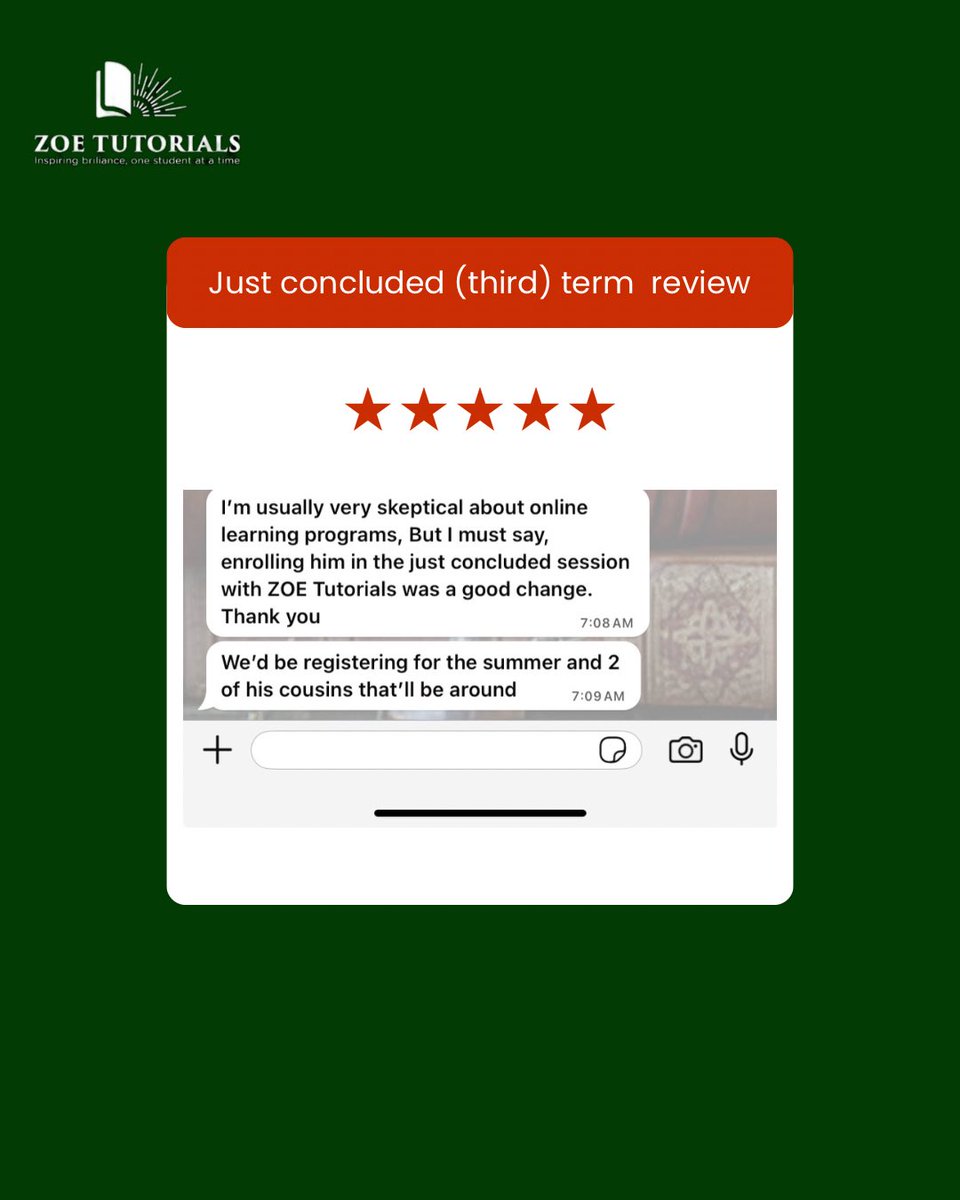 zoetutorials25_'s tweet image. 3rd Term Reviews Are In! 
Our online private classes are making a real difference. Whether you’re a parent or a student, ZOE Tutorials is here to help you grow.

Send us a DM or click the link in our bio to register today.

#zoetutorial #summercamp2025 #onlinetuition #sunmerclass