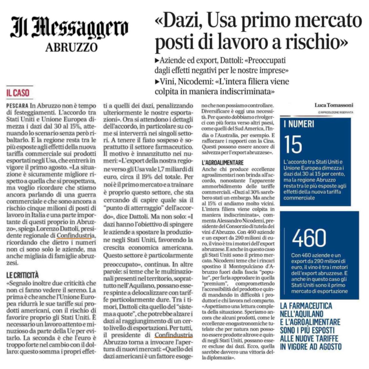 🌍 Dazi USA: Lorenzo Dattoli, Presidente di Confindustria Abruzzo Medio Adriatico, rilancia l'urgenza di aprirsi a nuovi mercati per proteggere agroalimentare e farmaceutico.

L'articolo de Il Messaggero Abruzzo qui👇
✍️Luca Tommasoni
