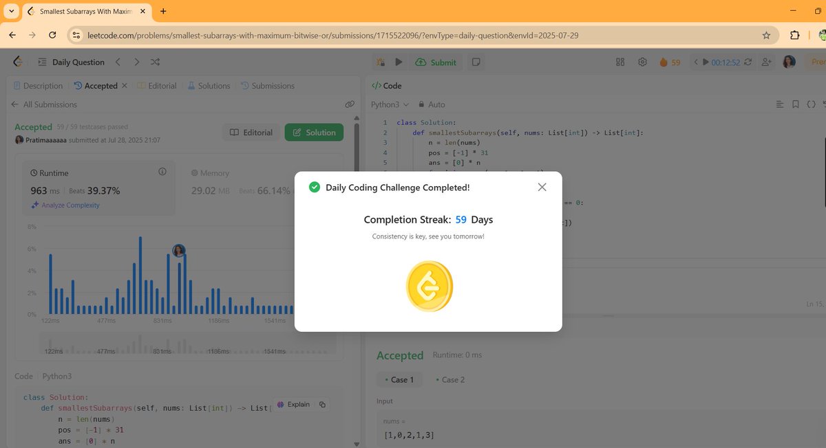 sapkota88759's tweet image. #LSPPDay59  Completed today’s LeetCode challenge: Smallest Subarrays With Maximum Bitwise OR
💻 59-Day Streak Strong! @lftechnology #60DaysOfLearning2025 #LearningWithLeapforg