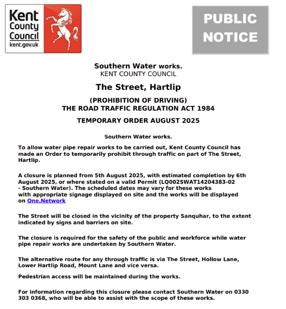 KentHighways's tweet image. Hartlip, The Street: Road closed 5th - 6th August to allow for @SouthernWater repair works: moorl.uk/?18yv3a