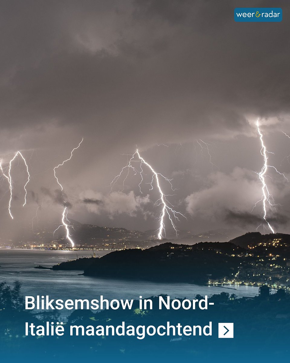 weerenradar_nl's tweet photo. Bliksemshow bij La Spezia ⚡
In het noorden van Italië vond maandagochtend, nog vóór zonsopgang, een indrukwekkend natuurverschijnsel plaats.🌩
📷: William Demasi
#onweer #italië #noorditalië #bliksem #donder #regen #weer #weerenradar #natuur #natuurfotografie #weerfotografie https://t.co/uF5F2mNBD1