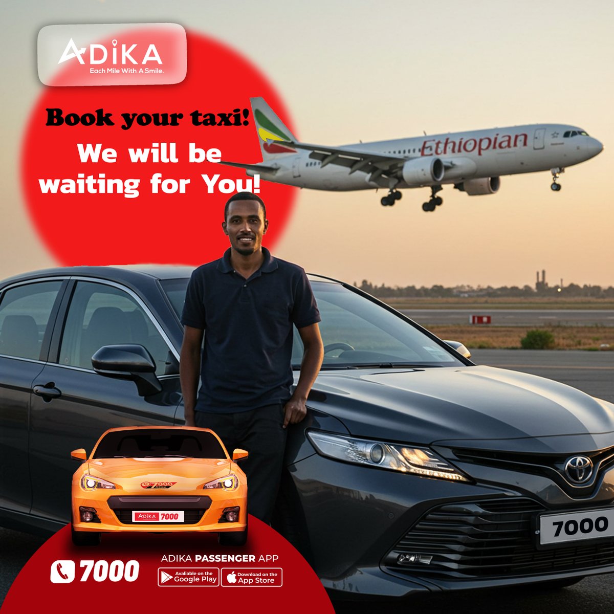Adika7000's tweet photo. Book your taxi, don’t delay,🚕
Adika waits at the gate—just a click away.✈️

Each Mile With a Smile😀
#AdikaTaxi #GoWithAdika #AirportPickup #BookAnywhere #TravelSmart #TaxiApp #EasyTrips  #Ethiopia https://t.co/SOM7Xrsm85