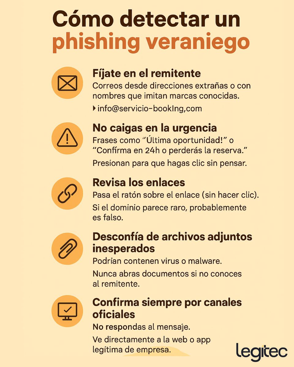 ☀️ Este verano, los fraudes digitales no se van de vacaciones.
📧 Correos falsos de reservas, vuelos, descuentos... ¡Phishing en modo vacaciones!

✅ Aprende a detectarlos y actuar con nuestra nueva guía:
🔗 buff.ly/lPBulP8 

#Phishing #Ciberseguridad #Vacaciones2025