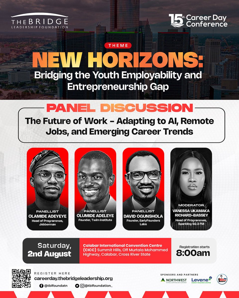 TBLFoundation's tweet photo. The future is here!
Join us at the 15th Career Day Conference for a thought-provoking Panel Discussion on The Future of Work – Adapting to AI, Remote Jobs, and Emerging Career Trends.
Register now: https://t.co/qVEFGoGe0O
#TBLF #CDC2025 #NewHorizons #YouthEmpowerment https://t.co/UGXhv9wcD9