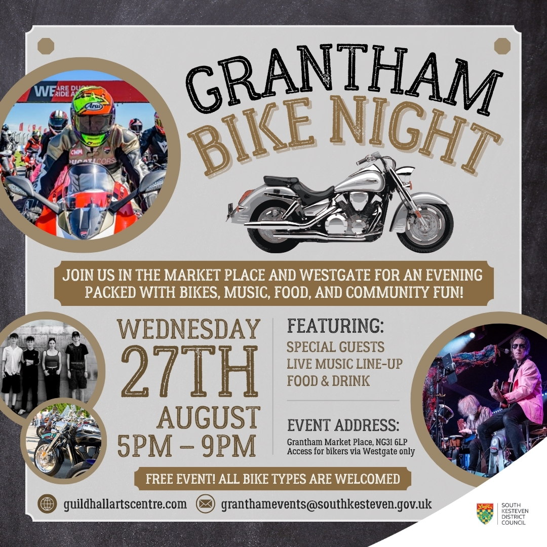 Grantham Bike Night at Grantham Market Place and Westgate, it will be an evening packed with bikes, music, food, and community fun! 🏍
Open to bikers and bike enthusiasts from Grantham and beyond, this free event is on Wednesday 27th August
#BikeNight #Grantham #GranthamBikeNight