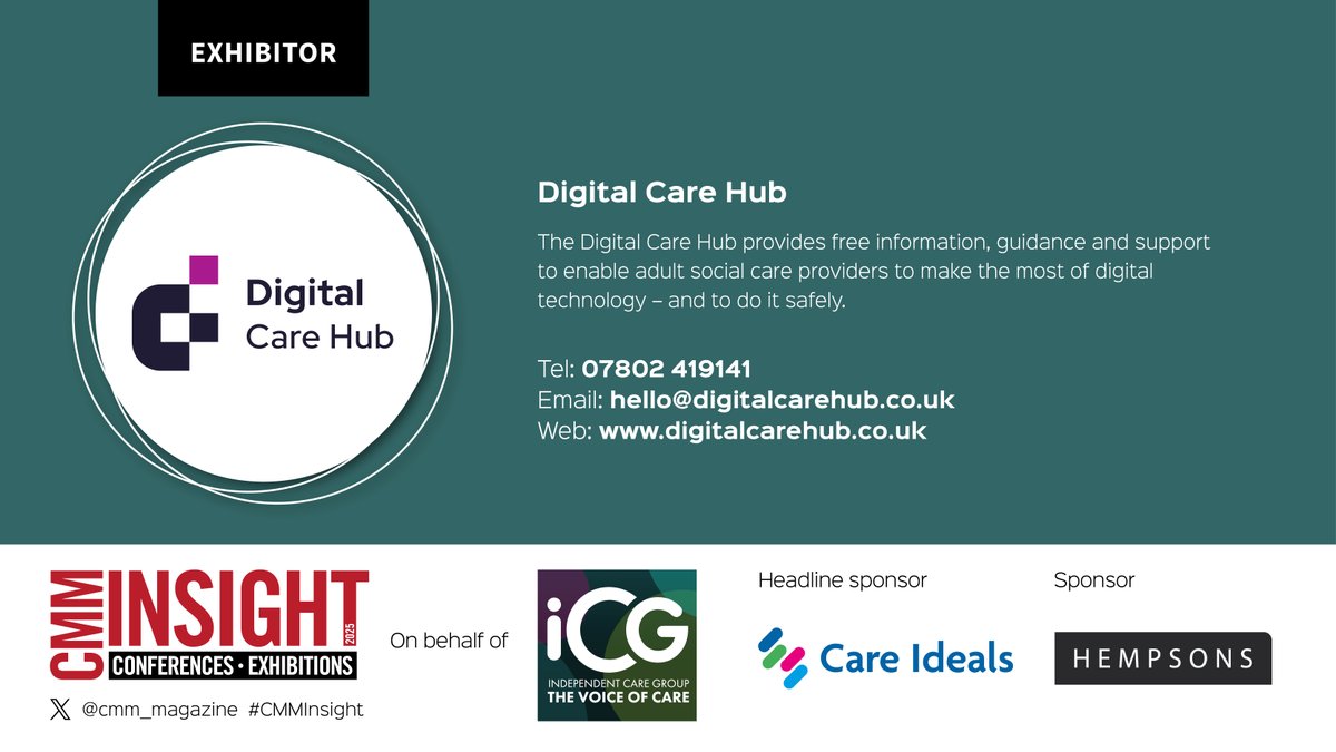 CMM Magazine 💚 (@cmm_magazine) on Twitter photo #CMMInsight ICG Annual Conference 2025 Exhibitor Spotlight: <a href="/DigitalCareHub/">Digital Care Hub</a> provides free information, guidance and support to enable adult social care providers to make the most of digital technology – and to do it safely.
Buy your ticket here: bit.ly/4nLppfV #CMMInsight ICG Annual Conference 2025 Exhibitor Spotlight: <a href="/DigitalCareHub/">Digital Care Hub</a> provides free information, guidance and support to enable adult social care providers to make the most of digital technology – and to do it safely.
Buy your ticket here: bit.ly/4nLppfV