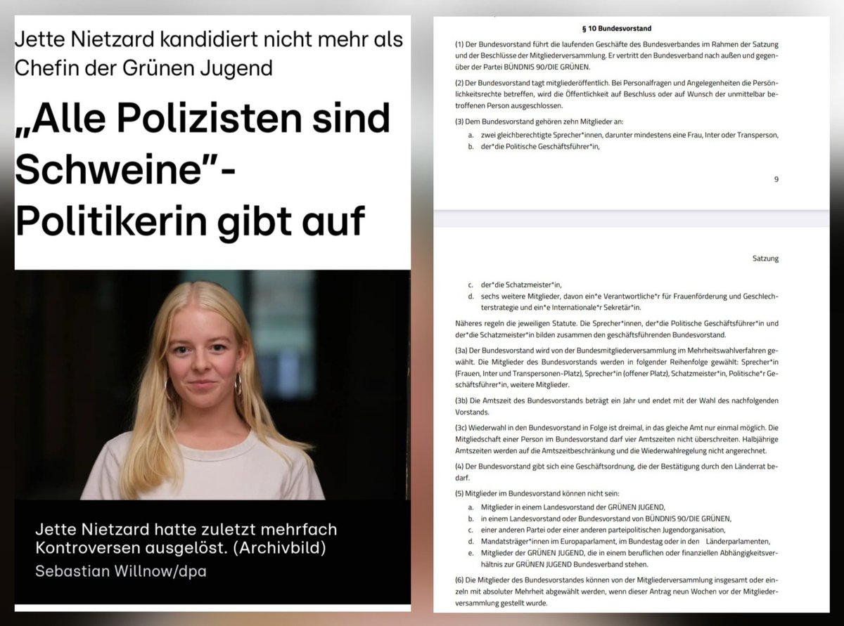 Absoluter Blödsinn.
Jette Nietzard gibt nicht auf, sie kann nicht mehr für dieses Amt kandidieren.
Laut Satzung der Grünen Jugend §10 Abs. 3b, beträgt die Amtszeit im BuVo ein Jahr.
Nach Abs. 3c ist die Wiederwahl in das gleiche Amt sowieso nur einmal möglich.
#Nietzard #Gruenen