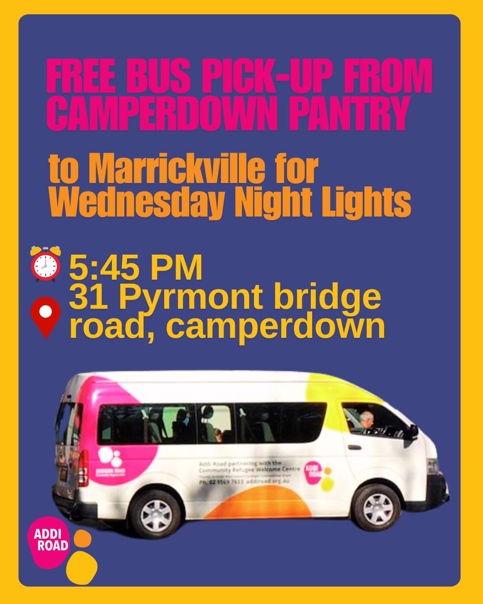 🚐 Need a lift to Wednesday Night Lights?
Every Wednesday, a free bus picks up in front of Addi Road Camperdown Pantry 
🗓️ Every Wednesday 
📍31 Pyrmont Bridge Rd
 ⏰5:45 PM.
Our friendly Addi Road drivers will get you there and back safely.
#AddiRoad  #Camperdown